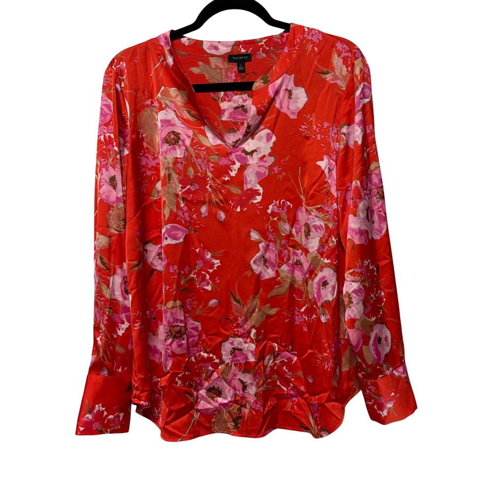 Talbots Red Floral Satin Split Neck Blouse Long Sleeve Stretch Top Large Preppy